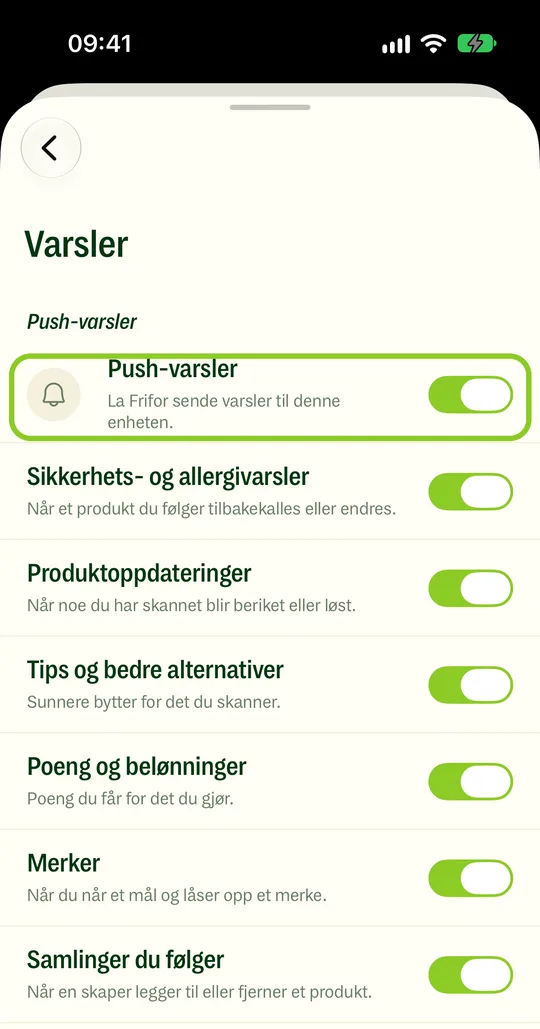 I Frifor: gå til Meg › Varsler, og velg hva du vil ha.