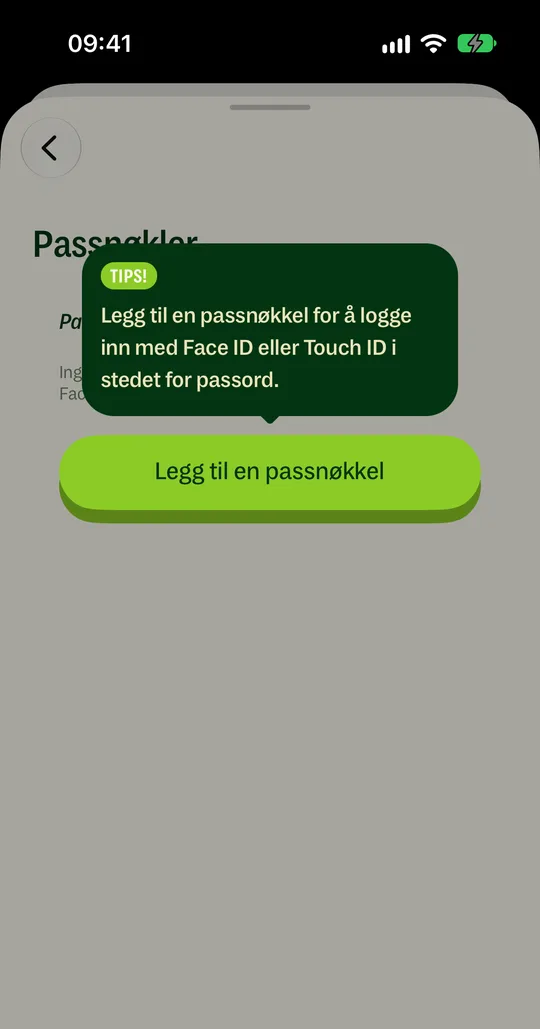 Trykk «Legg til en passnøkkel», og bekreft med Face ID eller Touch ID.