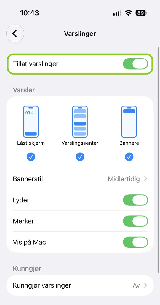 Slå på Tillat varslinger.